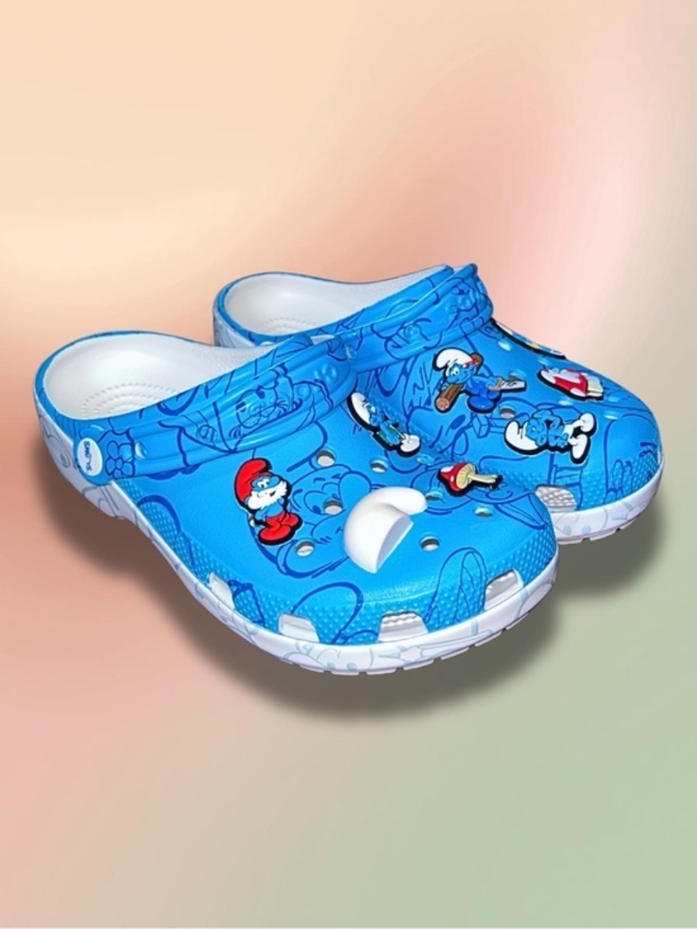 Crocs Smurfs Classic Clogs Blue White Jibbitz Kids Size J5 Youth EUC
